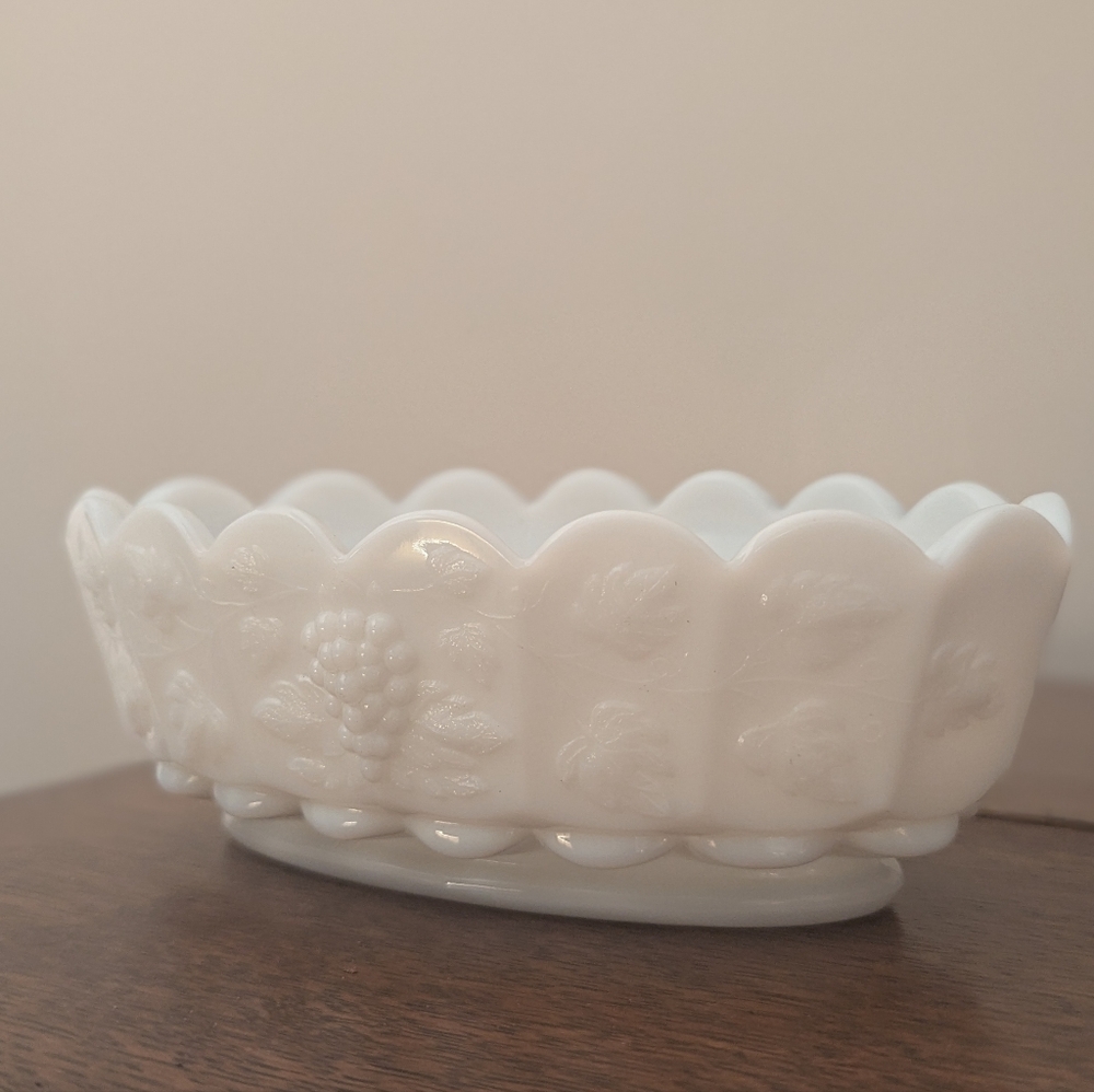 Westmoreland Milk Glass Paneled Grape Relish Dish - Oval 6"